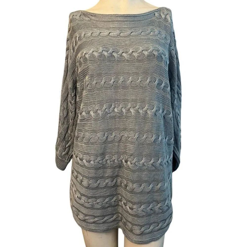 Lauren Ralph Lauren Ladies Large Light Blue Cable Knit Sweater Blouse 3/4 Sleeve